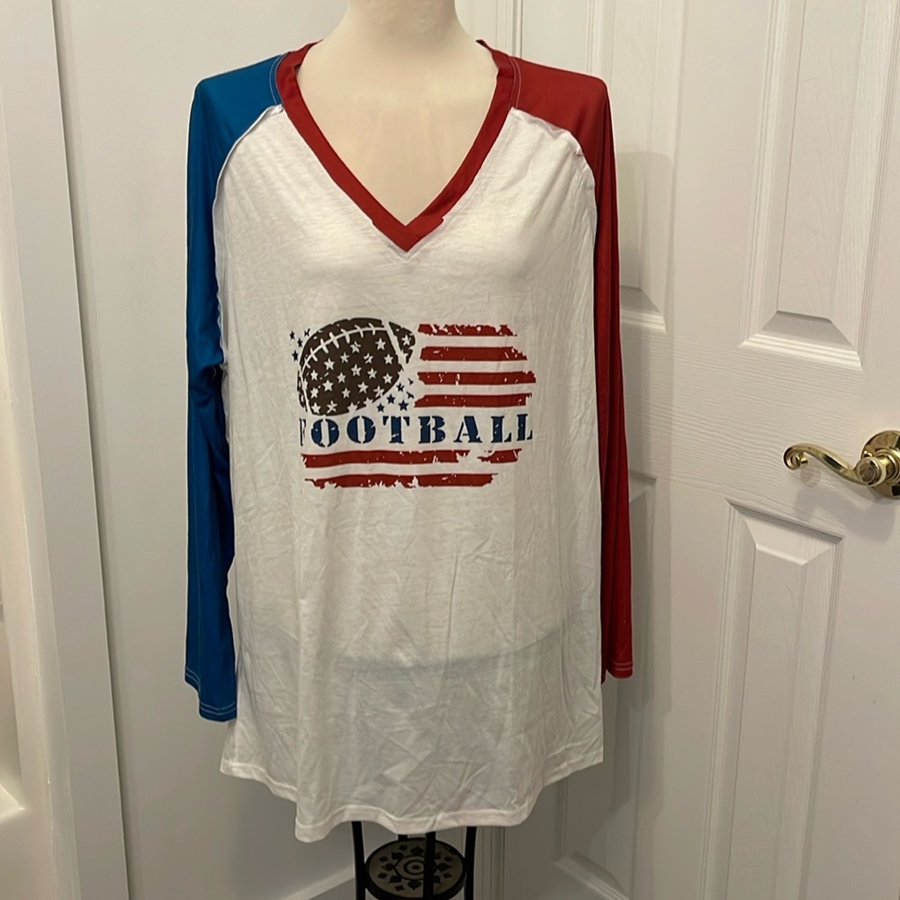 XXL football women's v neck red, white and blue shirt nwot